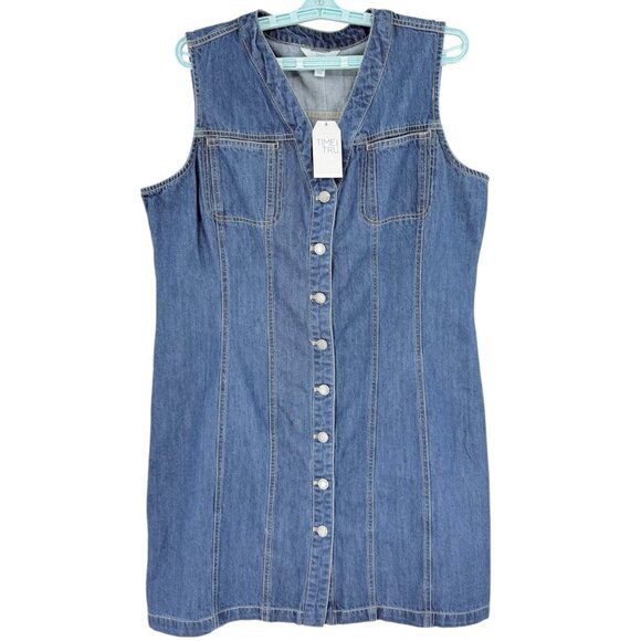 Time And Tru Women's Denim Sleeveless V-neck Button-Down Dress Size XL 16-18 NWT - Picture 2 of 9